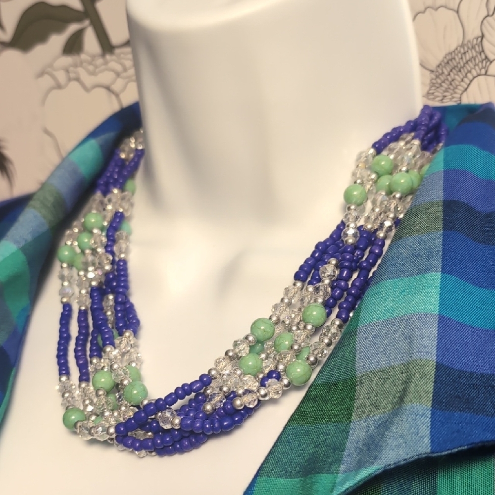Elegant Multi-Strand Necklace with Blue and Green Beads